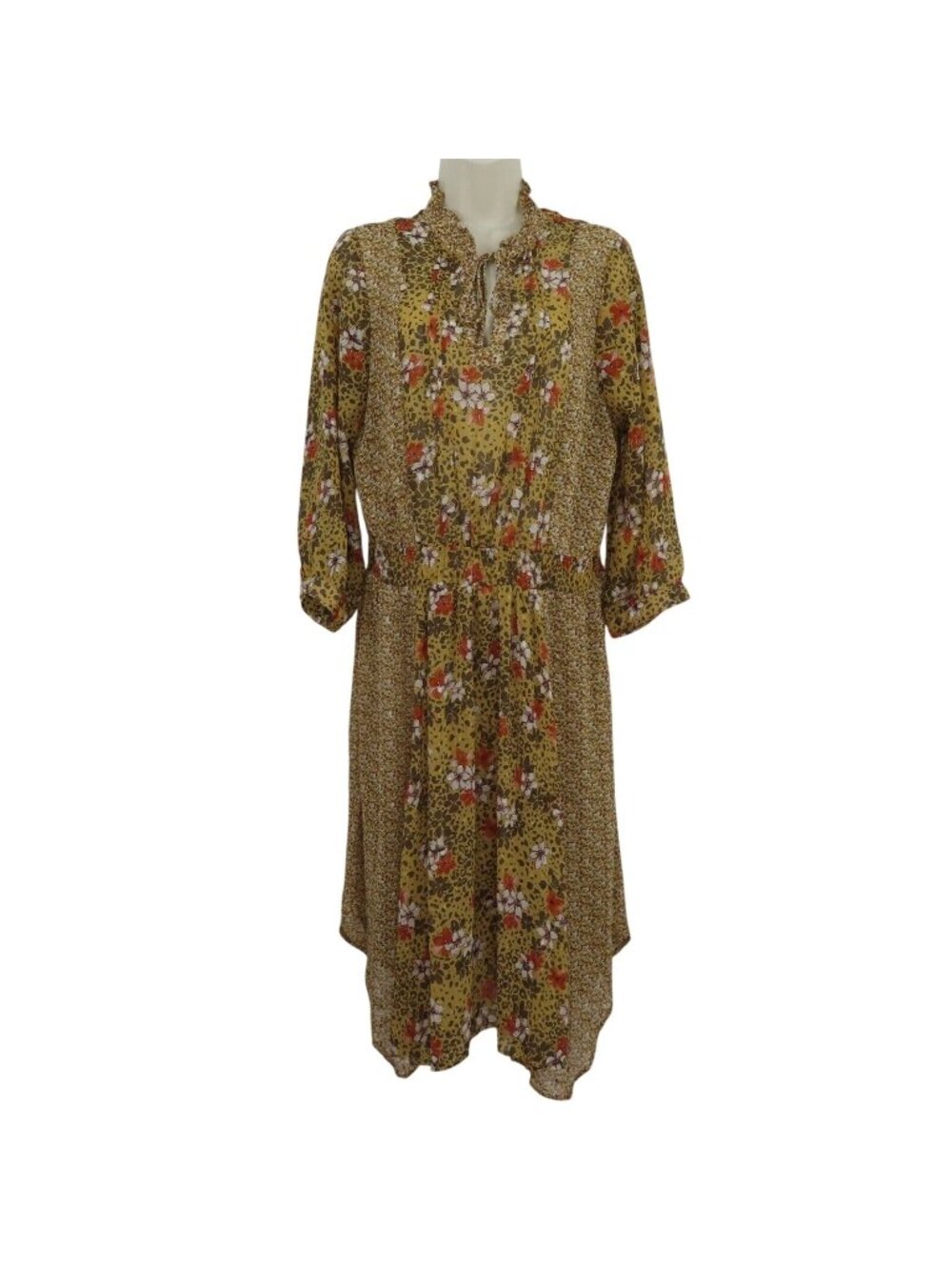 Fig & Flower Women Large Floral Flower Long Sleeve Sheer Tunic Dress Boho Chic